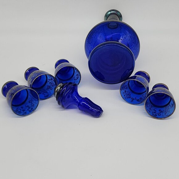 Cobalt Blue Silver Inlay Decanter Bar Set Barware PAX TIBI Angel Lion MCM Vintag - Picture 7 of 8